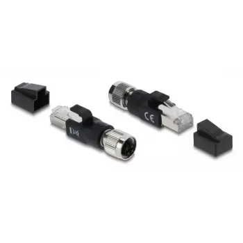 Adapter M12 X-kodiert 8-polig Buchse auf RJ45 Stecker, DELOCK 90834, vergoldete Kontakte, schwarz