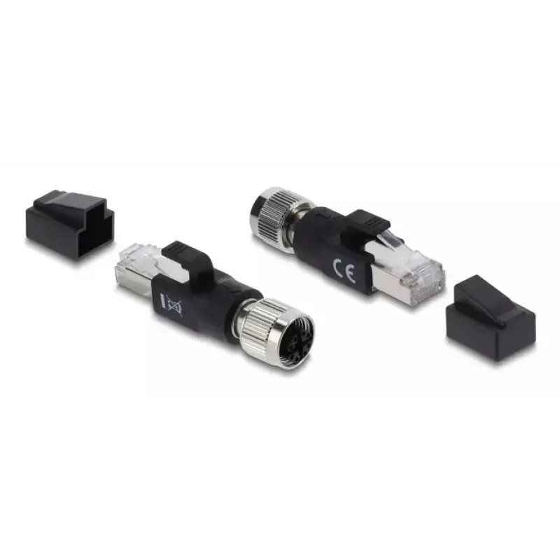Adapter M12 X-kodiert 8-polig Buchse auf RJ45 Stecker, DELOCK 90834, vergoldete Kontakte, schwarz