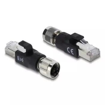 Adapter M12 X-kodiert 8-polig Buchse auf RJ45 Stecker, DELOCK 90834, vergoldete Kontakte, schwarz