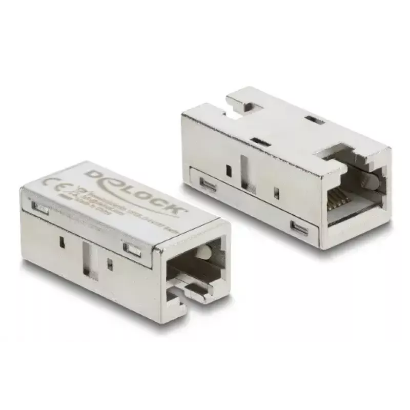 Adapter-Kupplung RJ45 Buchse-zu-Buchse Cat.6A Metall — DELOCK, flach, Silber, 15,6×33,1×13,1 mm