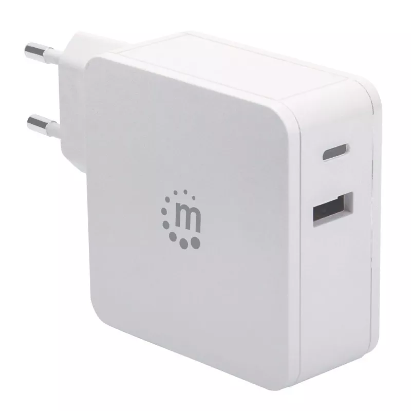 Manhattan Wand-/Power-Ladegerät (Euro 2-polig), USB-C und USB-A Anschlüsse, USB-C Ausgang: 45W / 3A, USB-A Ausgang: 2,4A, Weiß, Drei Jahre Garantie, Box