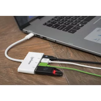 Manhattan USB-C Dock/Hub, Anschlüsse (x4): USB-A (x3) und USB-C, 5 Gbit/s (USB 3.2 Gen1 auch bekannt als USB 3.0), Mit Power Delivery (60W) zum USB-C-Anschluss (Hinweis: Zusätzliches USB-C-Netzteil und USB-C-Kabel erforderlich), Universell für alle Geräte, SuperSpeed USB, 3 Jahre Garantie
