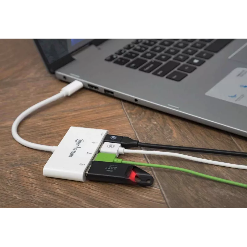 Manhattan USB-C Dock/Hub, Anschlüsse (x4): USB-A (x3) und USB-C, 5 Gbit/s (USB 3.2 Gen1 auch bekannt als USB 3.0), Mit Power Delivery (60W) zum USB-C-Anschluss (Hinweis: Zusätzliches USB-C-Netzteil und USB-C-Kabel erforderlich), Universell für alle Geräte, SuperSpeed USB, 3 Jahre Garantie