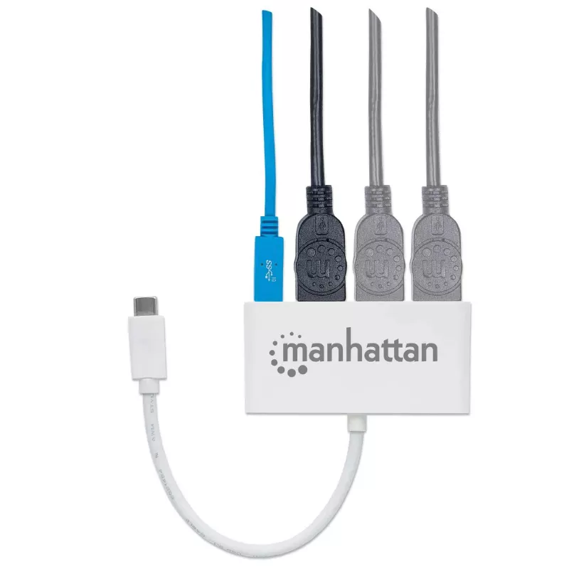 Manhattan USB-C Dock/Hub, Anschlüsse (x4): USB-A (x3) und USB-C, 5 Gbit/s (USB 3.2 Gen1 auch bekannt als USB 3.0), Mit Power Delivery (60W) zum USB-C-Anschluss (Hinweis: Zusätzliches USB-C-Netzteil und USB-C-Kabel erforderlich), Universell für alle Geräte, SuperSpeed USB, 3 Jahre Garantie