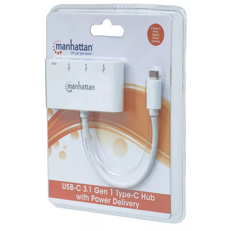 Manhattan USB-C Dock/Hub, Anschlüsse (x4): USB-A (x3) und USB-C, 5 Gbit/s (USB 3.2 Gen1 auch bekannt als USB 3.0), Mit Power Delivery (60W) zum USB-C-Anschluss (Hinweis: Zusätzliches USB-C-Netzteil und USB-C-Kabel erforderlich), Universell für alle Geräte, SuperSpeed USB, 3 Jahre Garantie