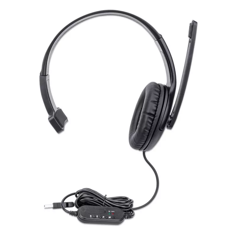 Manhattan Mono Over-Ear-Headset (USB), Mikrofonarm (gepolstert), Einzelhandelsverpackung, verstellbarer Kopfbügel, Kabelfernbedienung, Ohrpolster, USB-A für Ton und Mikrofon, Kabel 1,5 m, drei Jahre Garantie