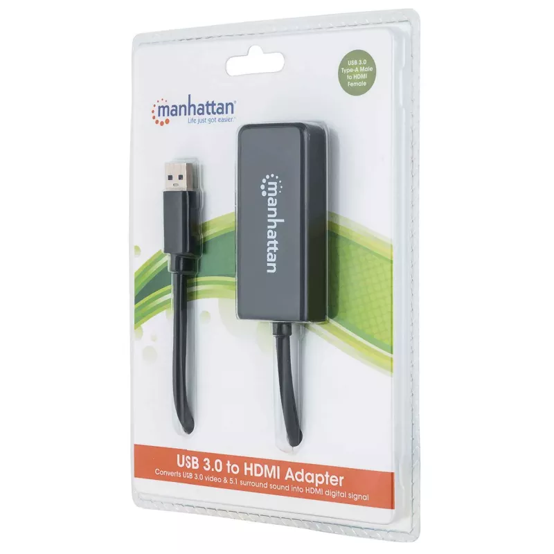 Manhattan USB-A-auf-HDMI-Adapterkabel, 60 cm, Stecker auf Buchse, 5 Gbit/s (USB 3.2 Gen1, auch bekannt als USB 3.0), 2560x1440 @ 32-Bit-Farbe, Full-HD-Video 1080p@16:9, Schwarz, Blister
