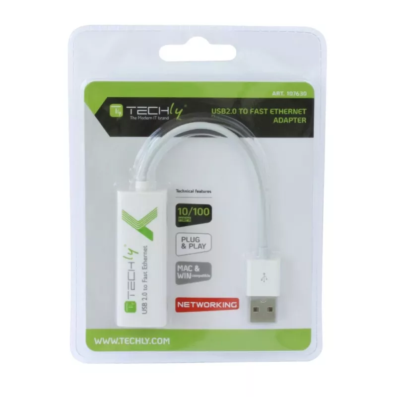 Techly USB2.0 zu Fast Ethernet 10/100 Mbit/s Konverter, Kabelgebunden, USB, Ethernet, 100 Mbit/s, Weiß