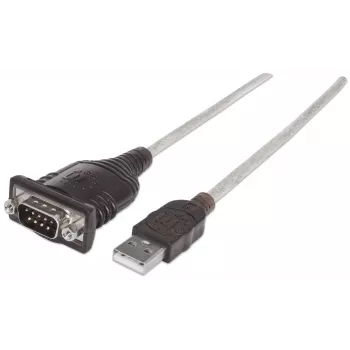 Manhattan USB-A auf Seriell Konverterkabel, 45 cm, Stecker auf Stecker, Seriell/RS232/COM/DB9, Prolific PL-2303HXD Chipsatz, schwarz/silbernes Kabel, drei Jahre Garantie