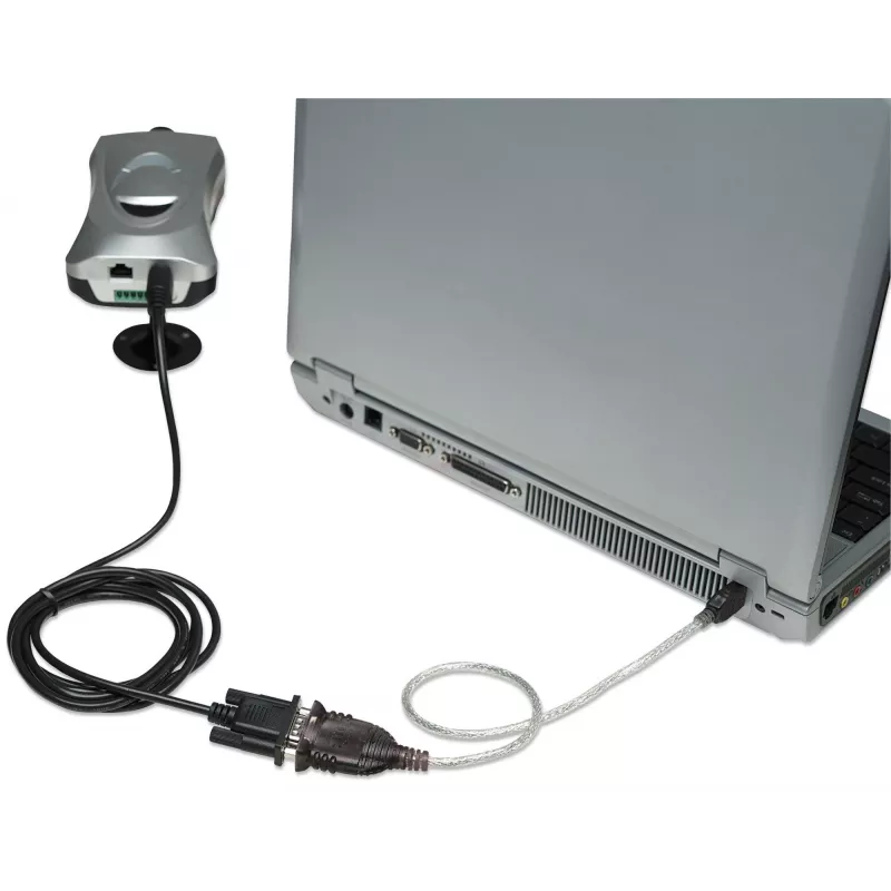 Manhattan USB-A auf Seriell Konverterkabel, 45 cm, Stecker auf Stecker, Seriell/RS232/COM/DB9, Prolific PL-2303HXD Chipsatz, schwarz/silbernes Kabel, drei Jahre Garantie