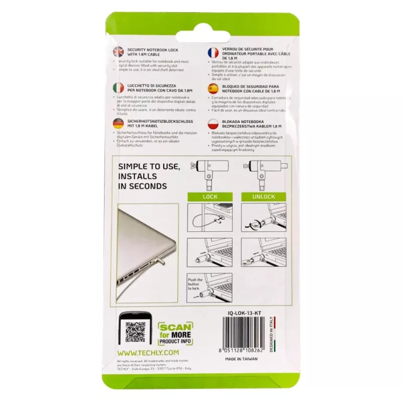 Techly Wedge-Lock Sicherheitssystem Schloss für Notebook-Kabel 1,8 m