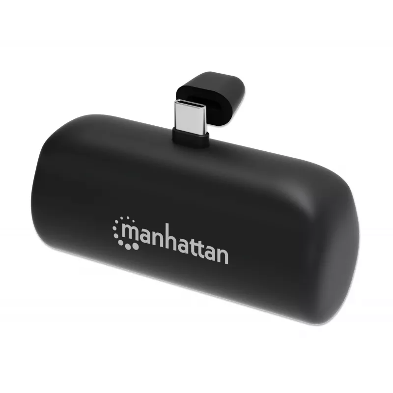 Manhattan Powerbank mit integriertem USB-C-Stecker, 5000 mAh, bis zu 20 W Ausgangsleistung, Kickstand zur Verwendung als Ladehandyhalter, Schwarz, ein Jahr Garantie