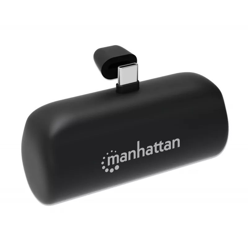 Manhattan Powerbank mit integriertem USB-C-Stecker, 5000 mAh, bis zu 20 W Ausgangsleistung, Kickstand zur Verwendung als Ladehandyhalter, Schwarz, ein Jahr Garantie