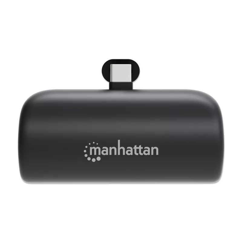 Manhattan Powerbank mit integriertem USB-C-Stecker, 5000 mAh, bis zu 20 W Ausgangsleistung, Kickstand zur Verwendung als Ladehandyhalter, Schwarz, ein Jahr Garantie