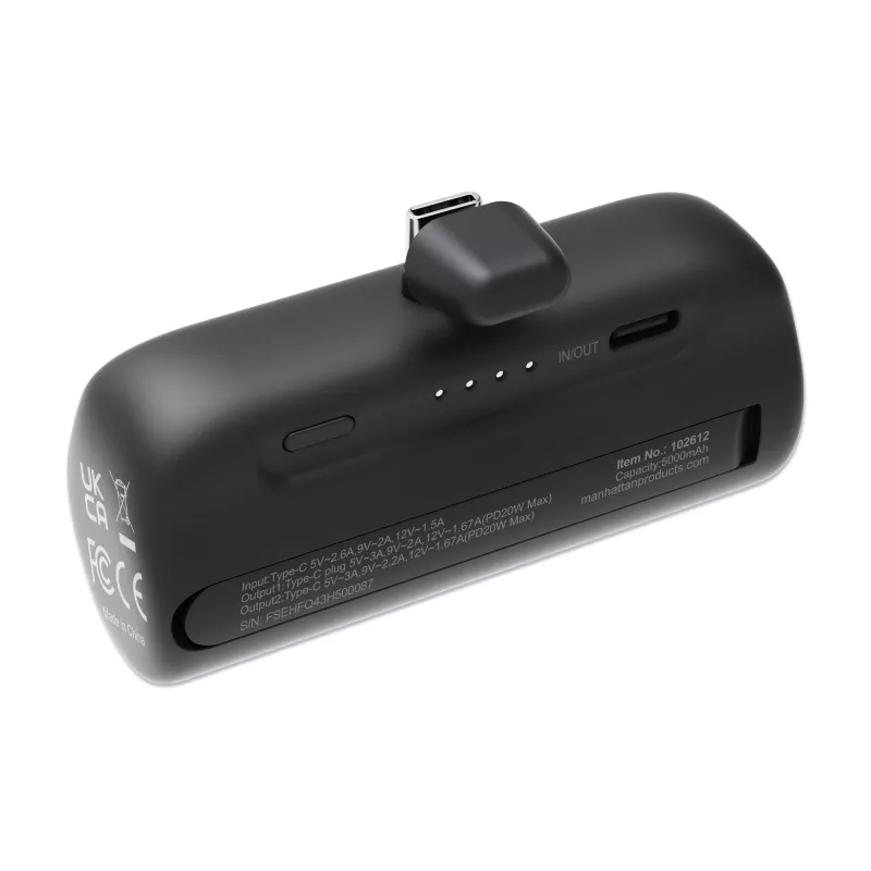 Manhattan Powerbank mit integriertem USB-C-Stecker, 5000 mAh, bis zu 20 W Ausgangsleistung, Kickstand zur Verwendung als Ladehandyhalter, Schwarz, ein Jahr Garantie