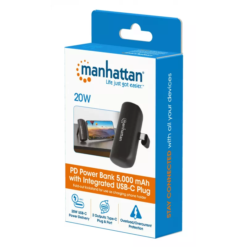 Manhattan Powerbank mit integriertem USB-C-Stecker, 5000 mAh, bis zu 20 W Ausgangsleistung, Kickstand zur Verwendung als Ladehandyhalter, Schwarz, ein Jahr Garantie
