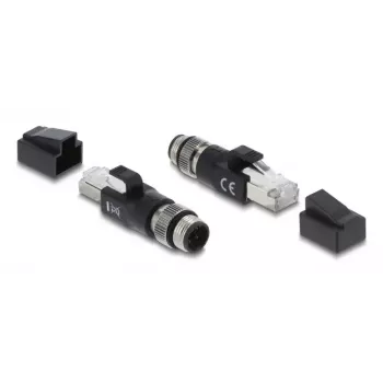 Adapter M12 D-kodiert 4-polig (Stecker) auf RJ45-Stecker, DELOCK 90831, vergoldete Kontakte, Schwarz