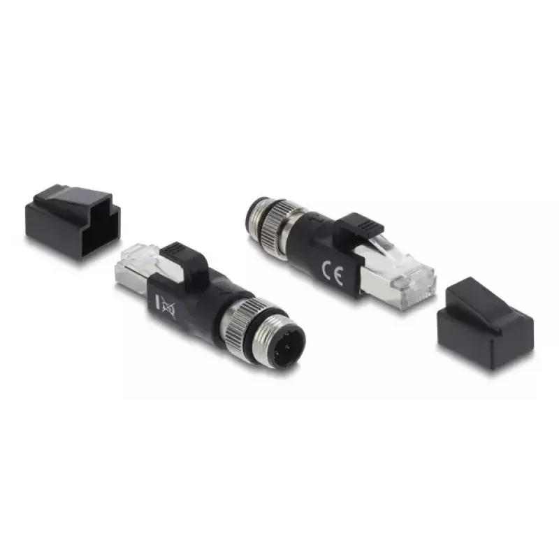 Adapter M12 D-kodiert 4-polig (Stecker) auf RJ45-Stecker, DELOCK 90831, vergoldete Kontakte, Schwarz