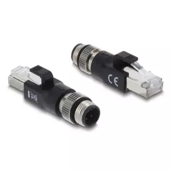 Adapter M12 D-kodiert 4-polig (Stecker) auf RJ45-Stecker, DELOCK 90831, vergoldete Kontakte, Schwarz