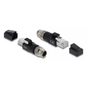 Adapter DELOCK M12 X-kodiert 8‑poliger Stecker auf RJ45-Stecker, vergoldete Kontakte, Schwarz