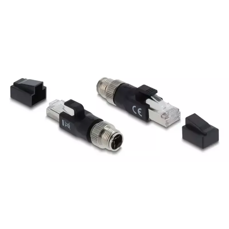 Adapter DELOCK M12 X-kodiert 8‑poliger Stecker auf RJ45-Stecker, vergoldete Kontakte, Schwarz