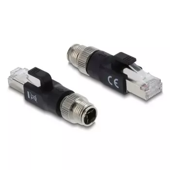 Adapter DELOCK M12 X-kodiert 8‑poliger Stecker auf RJ45-Stecker, vergoldete Kontakte, Schwarz
