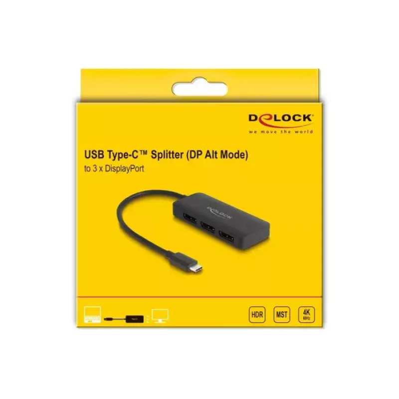 DeLOCK USB Type-C Splitter DP Alt Mode auf 3 x DisplayPort MST 4K 60 Hz