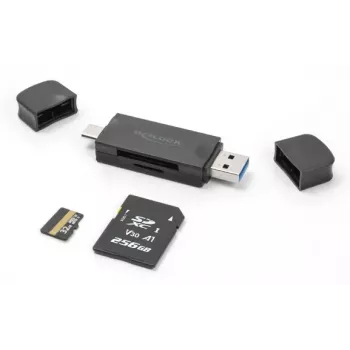Kartenleser DELOCK USB 5 Gbps USB Type-C / Type-A für SD und MicroSD, Schwarz, 5000 Mbit/s, 21×77×10 mm