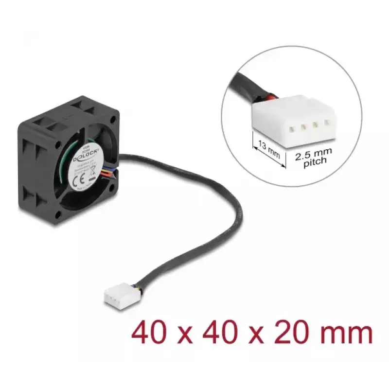 Computergehäuselüfter DELOCK 67299 — 40 x 40 x 20 mm, 24 V DC, Kugellager, 0,19 m³/h, schwarz