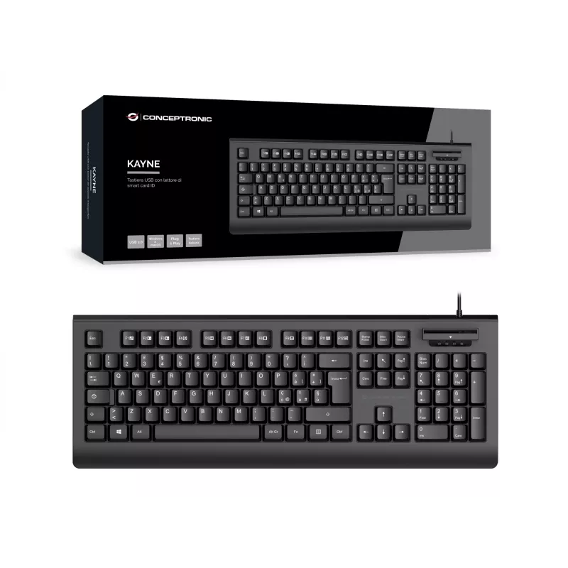 CONCEPTRONIC USB-Tastatur mit Smart-ID-Kartenleser KAYNE01IT — Full-Size 105 Tasten, italienisches Layout, kabelgebunden, 1,5 m Kabel, Schwarz