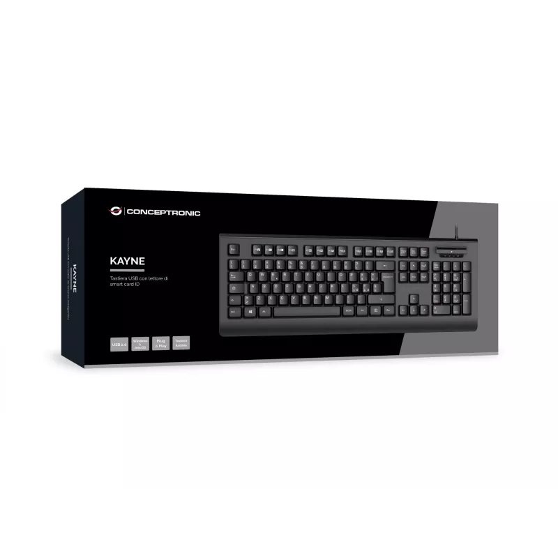 CONCEPTRONIC USB-Tastatur mit Smart-ID-Kartenleser KAYNE01IT — Full-Size 105 Tasten, italienisches Layout, kabelgebunden, 1,5 m Kabel, Schwarz