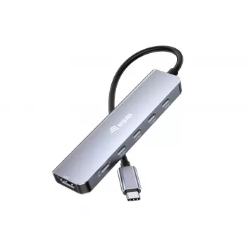 EQUIP USB‑C 6‑in‑1 Multifunktionsadapter — HDMI 4K/60Hz, 4× USB‑C Gen2 (10Gbps), 100W PD, 0,25 m Kabel, Grau