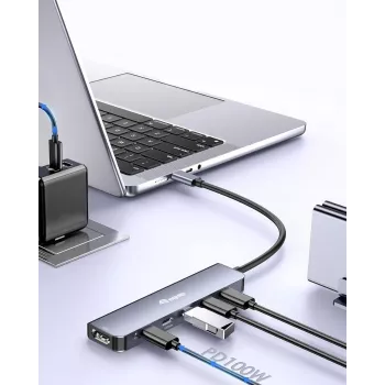 EQUIP USB‑C 6‑in‑1 Multifunktionsadapter — HDMI 4K/60Hz, 4× USB‑C Gen2 (10Gbps), 100W PD, 0,25 m Kabel, Grau