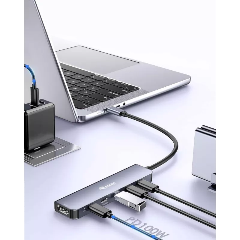 EQUIP USB‑C 6‑in‑1 Multifunktionsadapter — HDMI 4K/60Hz, 4× USB‑C Gen2 (10Gbps), 100W PD, 0,25 m Kabel, Grau
