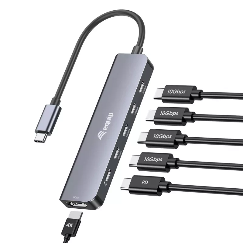EQUIP USB‑C 6‑in‑1 Multifunktionsadapter — HDMI 4K/60Hz, 4× USB‑C Gen2 (10Gbps), 100W PD, 0,25 m Kabel, Grau