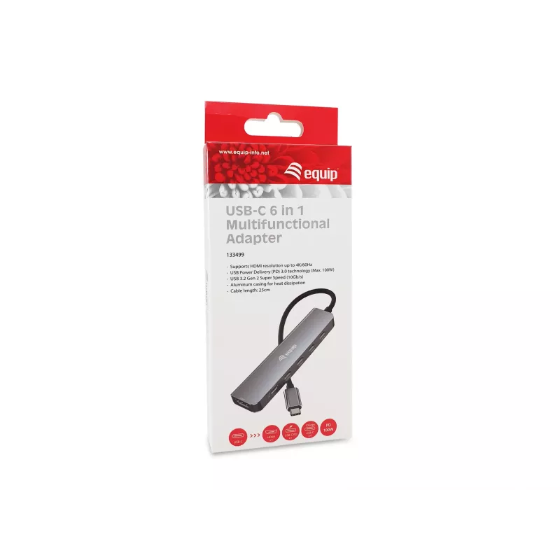 EQUIP USB‑C 6‑in‑1 Multifunktionsadapter — HDMI 4K/60Hz, 4× USB‑C Gen2 (10Gbps), 100W PD, 0,25 m Kabel, Grau