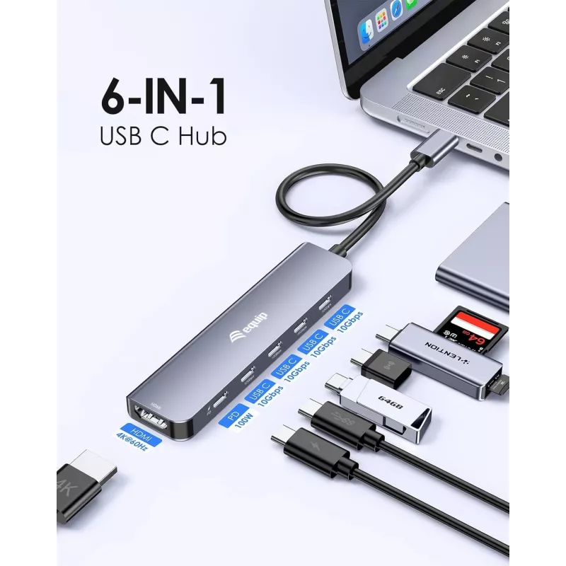 EQUIP USB‑C 6‑in‑1 Multifunktionsadapter — HDMI 4K/60Hz, 4× USB‑C Gen2 (10Gbps), 100W PD, 0,25 m Kabel, Grau