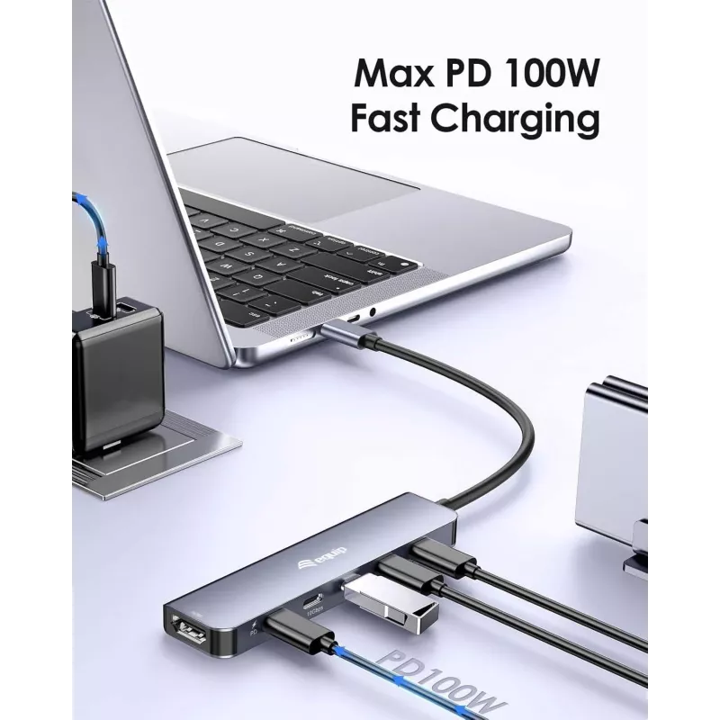 EQUIP USB‑C 6‑in‑1 Multifunktionsadapter — HDMI 4K/60Hz, 4× USB‑C Gen2 (10Gbps), 100W PD, 0,25 m Kabel, Grau