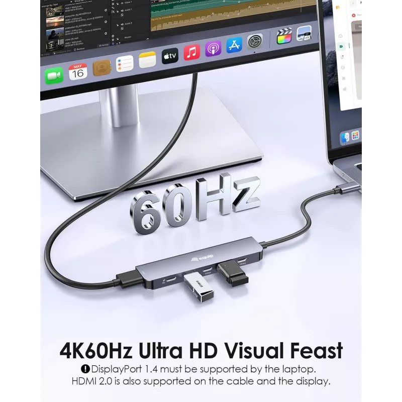 EQUIP USB‑C 6‑in‑1 Multifunktionsadapter — HDMI 4K/60Hz, 4× USB‑C Gen2 (10Gbps), 100W PD, 0,25 m Kabel, Grau