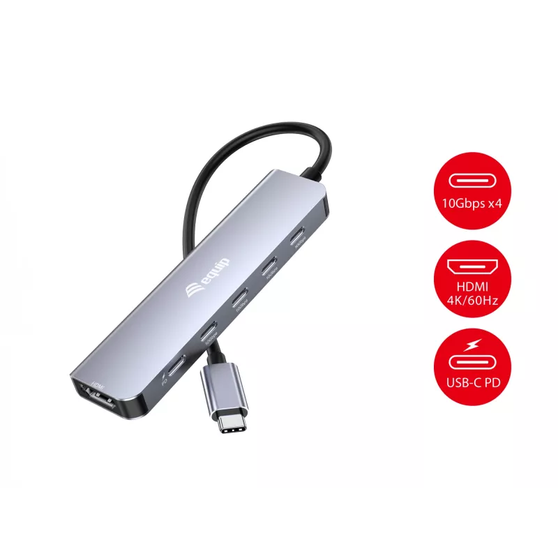 EQUIP USB‑C 6‑in‑1 Multifunktionsadapter — HDMI 4K/60Hz, 4× USB‑C Gen2 (10Gbps), 100W PD, 0,25 m Kabel, Grau