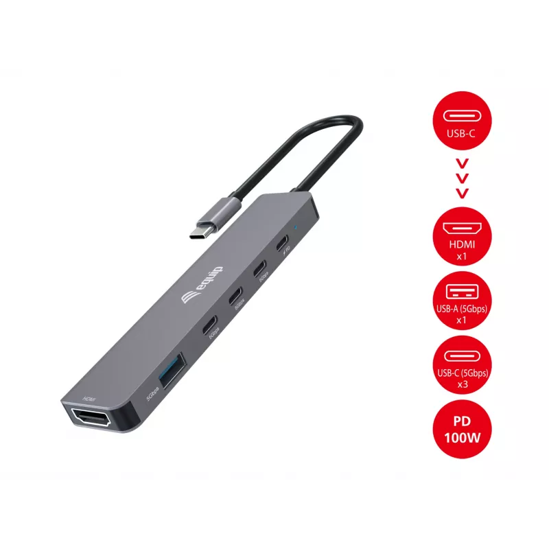 Equip USB-C 6-in-1 Multifunktionsadapter, HDMI 4K/30Hz, USB-C x4, USB-A x1, 5Gbps, 100W USB PD