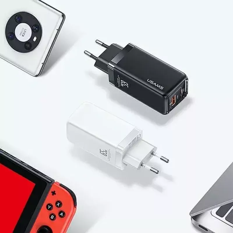 Ladegerät usams T47 USB / USB‑C 65W PD Schnellladegerät — 65W USB Power Delivery, USB-A + USB-C Anschlüsse