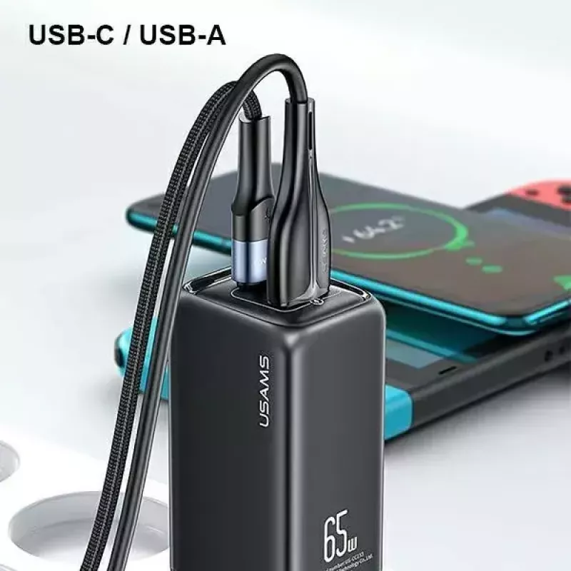 Ladegerät usams T47 USB / USB‑C 65W PD Schnellladegerät — 65W USB Power Delivery, USB-A + USB-C Anschlüsse