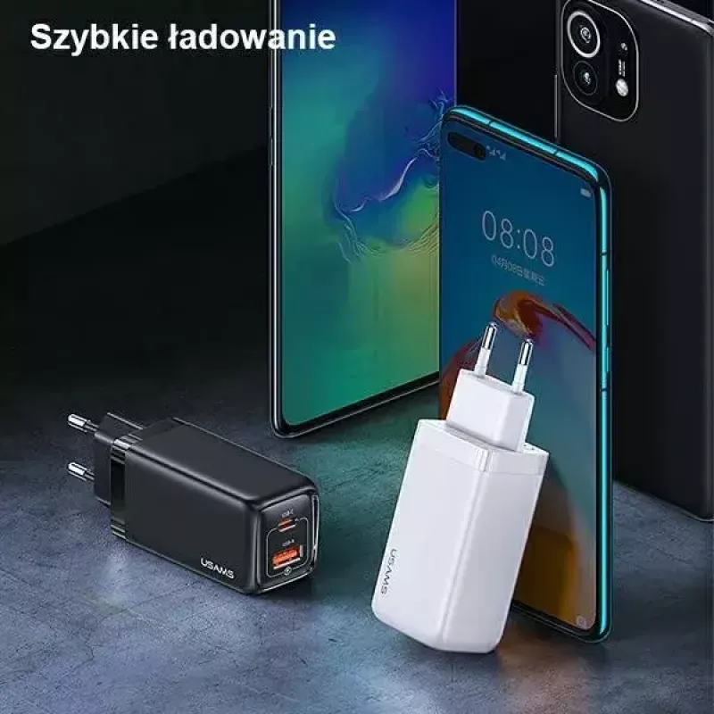 Ladegerät usams T47 USB / USB‑C 65W PD Schnellladegerät — 65W USB Power Delivery, USB-A + USB-C Anschlüsse