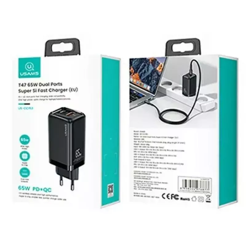 Ladegerät usams T47 USB / USB‑C 65W PD Schnellladegerät — 65W USB Power Delivery, USB-A + USB-C Anschlüsse