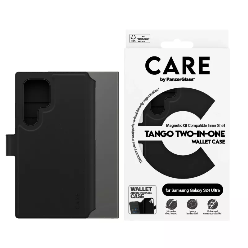 Handyhülle PanzerGlass CARE Feature Case Tango Two-in-One Wallet, kompatibel mit Samsung Galaxy S24 Ultra, transparent