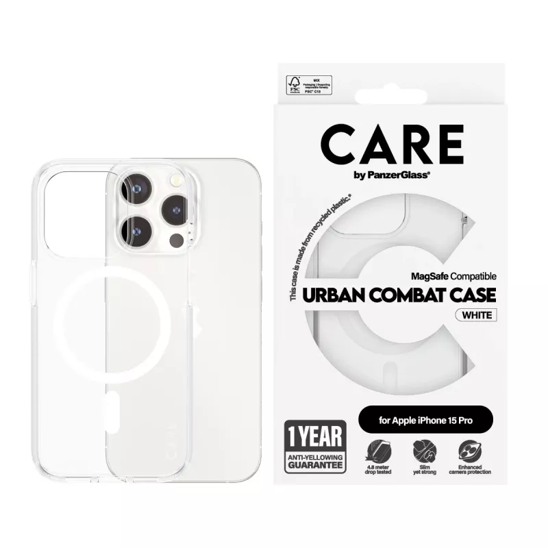 PanzerGlass CARE™ by ® Urban Combat Hülle Transparent mit weißem MagSafe iPhone 15 Pro