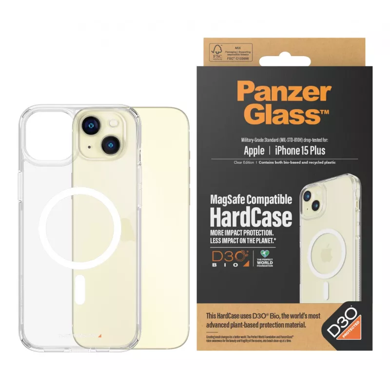 Schutzhülle HardCase MagSafe Handyhülle PanzerGlass für iPhone 15 Plus — transparentes recyceltes Kunststoff, passend für 6,69-Zoll-Bildschirm