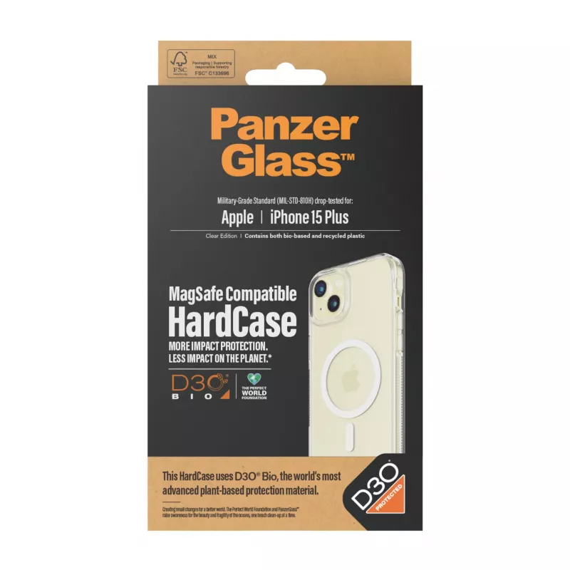 Schutzhülle HardCase MagSafe Handyhülle PanzerGlass für iPhone 15 Plus — transparentes recyceltes Kunststoff, passend für 6,69-Zoll-Bildschirm