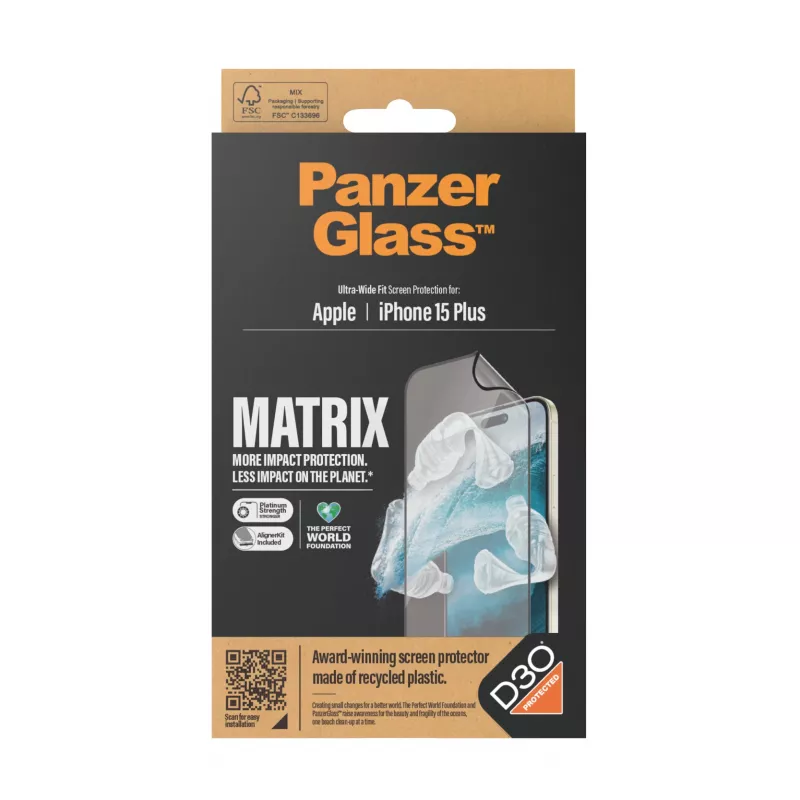 PanzerGlass ® ECO MATRIX Displayschutzfolie mit D3O® iPhone 15 Plus | Ultra-Wide Fit mit AlignerKit